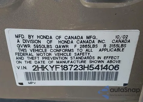 2003 Honda Pilot Ex-L z USA, uszkodzony, nr VIN 2HKYF18723H541406